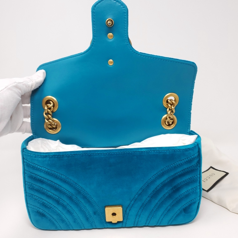 Gucci Small Marmont Velvet Chevron Teal Crossbody - Picture 7 of 12